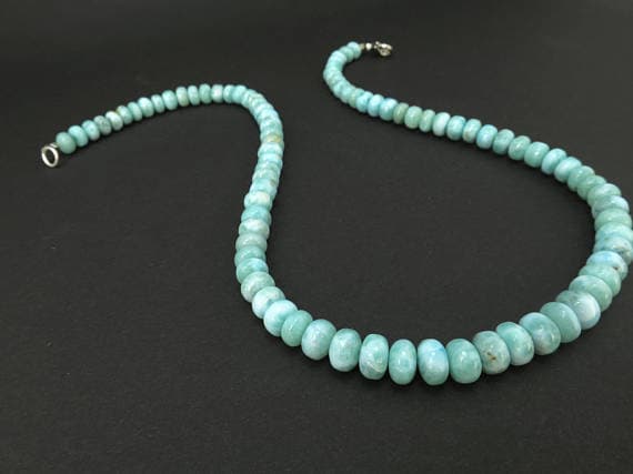 925 sterling Silver Unique Wedding Gift 6-7mm stacking Sky Blue Larimar Necklace Rondelle, Smooth 17" for mens, womens.