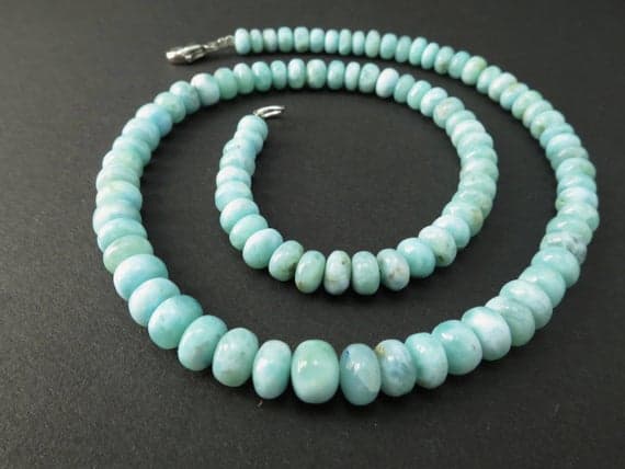 925 sterling Silver Positive Energy 6-7mm stacking Sky Blue Larimar Necklace Rondelle, Smooth 17" for mens, womens.