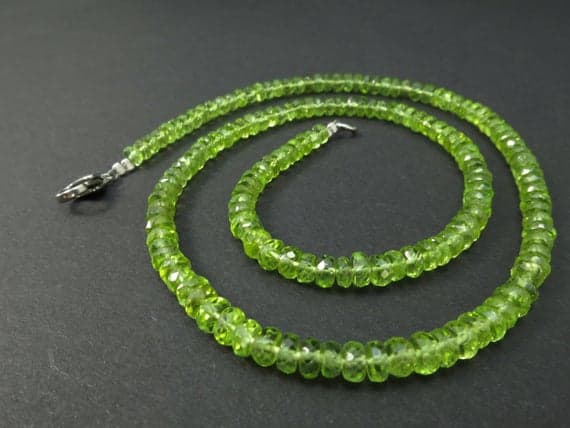 925 sterling Silver Grounding 4.5mm stacking Green Peridot Necklace Rondelle, Faceted 17" for mens, womens.