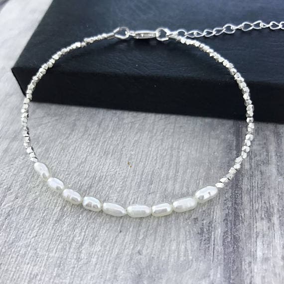 925 sterling Silver good luck gift 4mm stacking White Freshwater Pearl  Bracelet Oval, Smooth 7" for mens, womens.