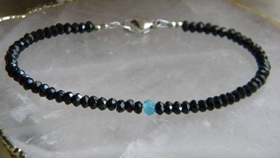 925 sterling Silver Anxiety Relief Calming 2.5mm stacking black & Blue Spinel and Apatite Bracelet Rondelle, Faceted 7" for mens, womens, gf, bf & Adult.