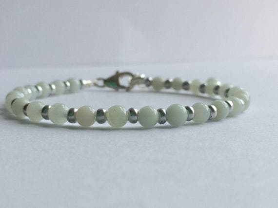 925 sterling Silver Artisan Loose Silver Helling 3-4mm stacking Green Green jade Bracelet Round, Smooth 7" for mens, womens, gf, bf & Adult.