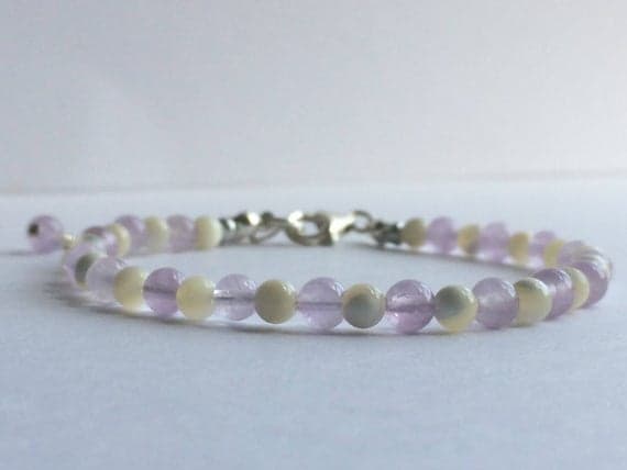 925 sterling Silver Blush Jewelry 3-4mm stacking Purple & White amethyst and mother of pearl Bracelet Round, Smooth 7" for mens, womens, gf, bf & Adult.