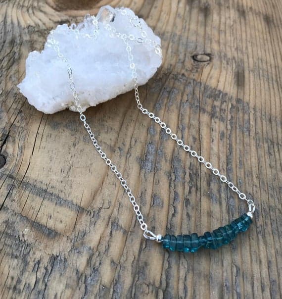 London Blue Crystal Quartz Bar Necklace- Sterling Silver Chain- 18 Inch- Energy Healing Jewelry- Boho- Chakra 4x4mm Code- WAR6801