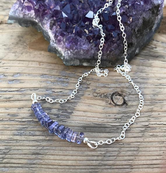 Violet Blue Crystal Quartz Bar Necklace- Sterling Silver Chain- 18 Inch- Energy Healing Jewelry- Boho- Chakra 2.5 mm Code- WAR6802