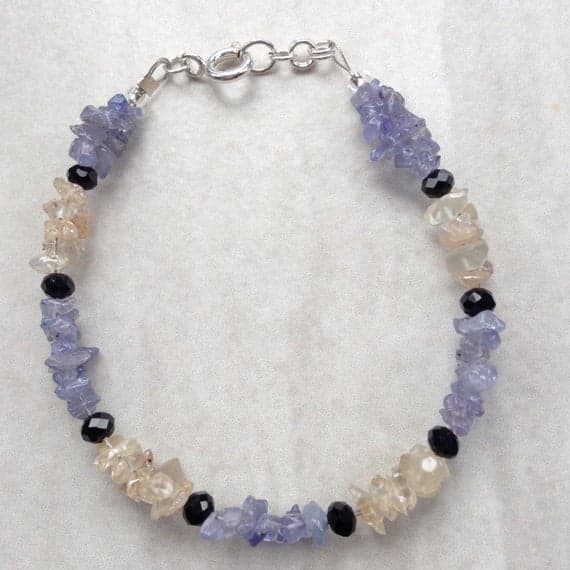 Tanzanite & Zircon rough Gemstone small nugget double cluster 925 sterling silver luxury bracelet 4-6mm Code- WAR6625