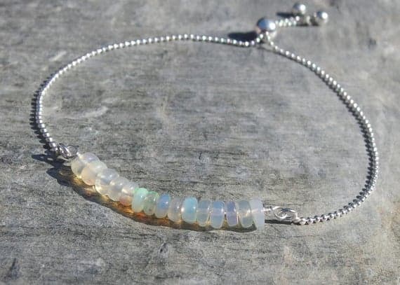 925 sterling silver Handmade Beaded 2-3mm White Opal stacking Bracelet Rondelle, Smooth 18cm for mens, womens, gf, bf and adults.