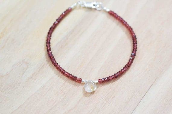 925 sterling silver good luck gift 3-3.5mm Red Red Garnet & Rutilated Quartz stacking Bracelet Rondelle, Faceted 18cm for mens, womens, gf, bf and adults.