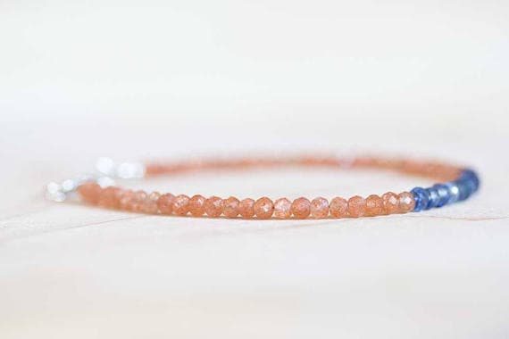 925 sterling silver Unique Wedding Gift 3-3.5mm Multi Colour Sunstone & Blue Kyanite stacking Bracelet Round, Faceted 18cm for mens, womens, gf, bf and adults.