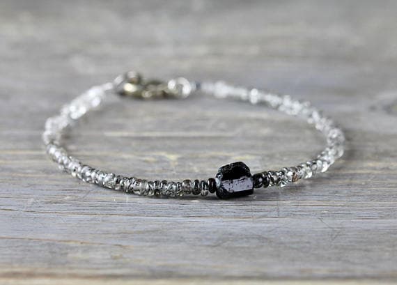 925 sterling silver Positive Energy 3mm Multi Colour Rutilated Quartz & Black Tourmaline stacking Bracelet Rondelle, Smooth 18cm for mens, womens, gf, bf and adults.