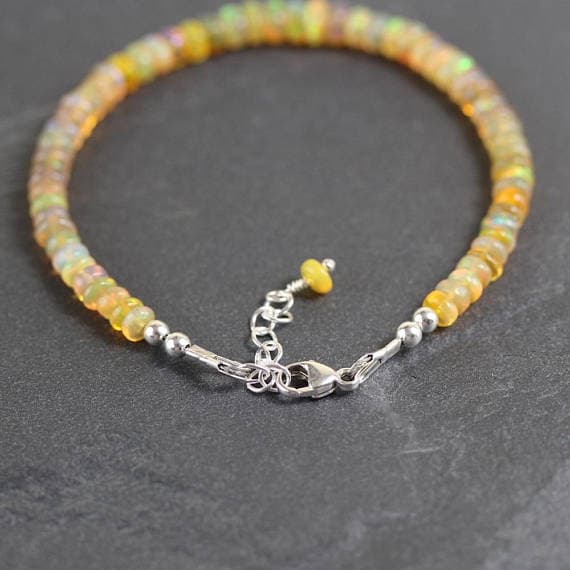 925 sterling Silver love beach youth Silver Helling 4-5mm stacking Yellow Ethiopian Welo Opal  Bracelet Rondelle, Smooth 7" for mens, womens, gf, bf & Adult.