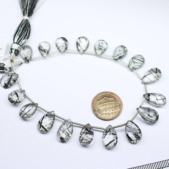 1 strand black rutile quartz pear drop faceted 8'' long strand gemstone beads, jewelry supplies for jewelry making, bulk beads, for meditation jewellery for Reiki Healing  gemstone 12mm to 15mm