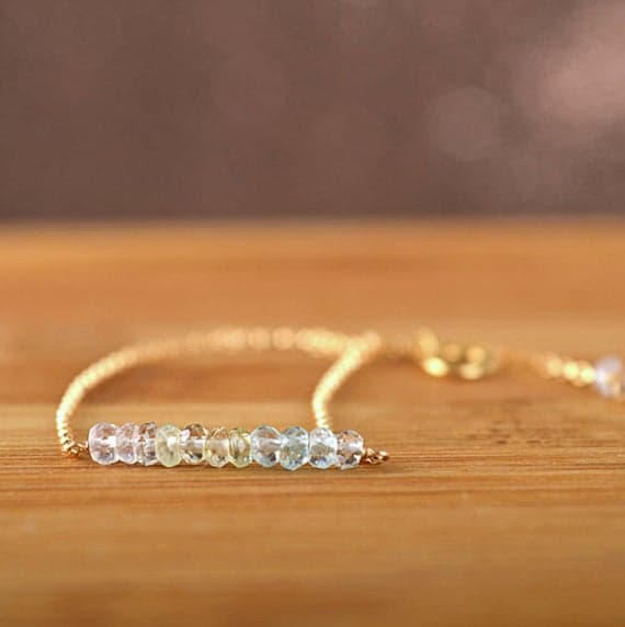 24k gold love beach youth 3mm Aqua Natural Aquamarine  stacking Bracelet Rondelle, Faceted 18cm for mens, womens, gf, bf and adults.