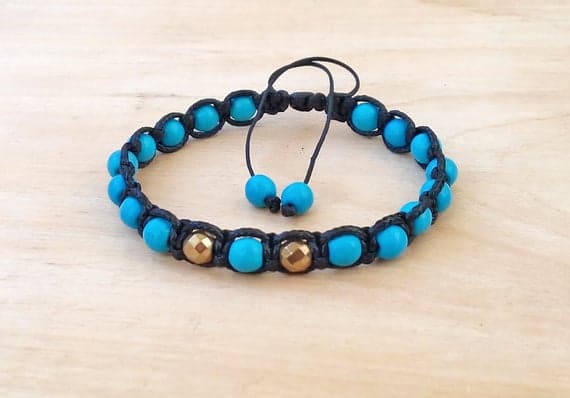 Rose Gold Anniversary Gift 6nn Blue Turquoise Shamballa Adjustable Bracelet Round, Smooth 18cm for mens, womens, gf, bf and adults.