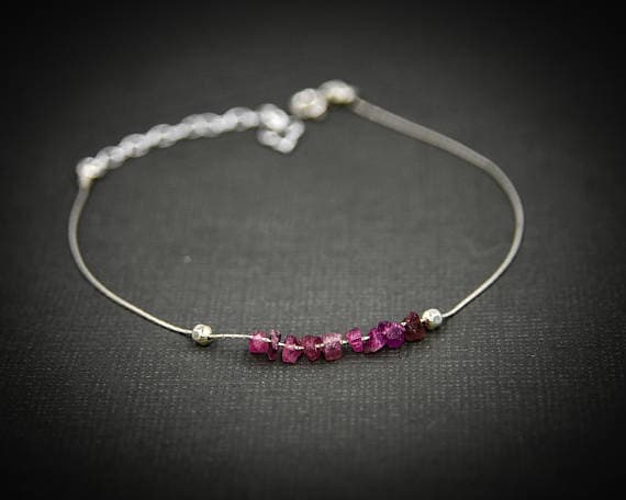 925 sterling Silver chakras simple 4x6mm stacking Red Raw Ruby Bracelet Chips, Faceted 7" for mens, womens, gf, bf & Adult.