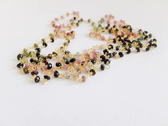AAA++ Rare Quality super long Multicolor Tourmaline smooth rondelles necklace,on a handwrapped Gold  filled chain,cm 150,00,multi way jewelry,superlong rosary 3/4mm Code- TJH159