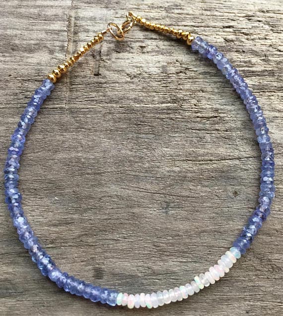 24k gold Plated Rock Gift Gold Helling 3mm stacking Blue & White Tanzanite Opal Bracelet Rondelle, Faceted 7" for mens, womens, gf, bf & Adult.