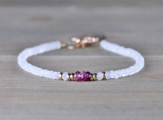 24k gold Positive Energy 3.5mm Multi Colour Moonstone & Pink Tourmaline stacking Bracelet Rondelle, Faceted 18cm for mens, womens, gf, bf and adults.
