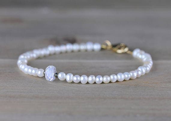 24k gold Jewelry Energy 3.5-4mm White Freshwater Pearl Bracelet with Moonstone  stacking Bracelet Round, Smooth 18cm for mens, womens, gf, bf and adults.