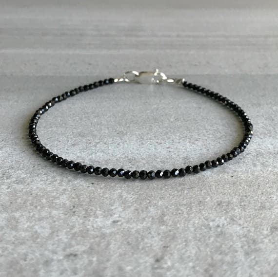 925 sterling silver Handmade Beaded 2mm Black Black Spinel stacking Bracelet Round, Faceted 18cm for mens, womens, gf, bf and adults.
