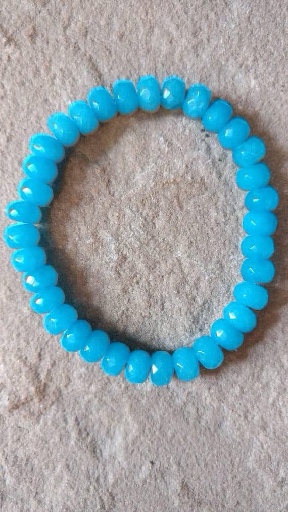 Handmade Beaded 5x8mm Blue Blue Jade Stretchable Bracelet Rondelle, Faceted 18cm for mens, womens, gf, bf and adults.