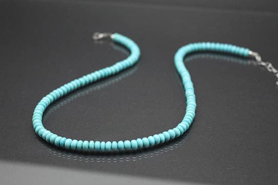 925 sterling Silver Galaxy Jewelry 6mm stacking Sky Blue Genuine Arizona Turquoise Necklace Rondelle, Smooth 16" for mens, womens.