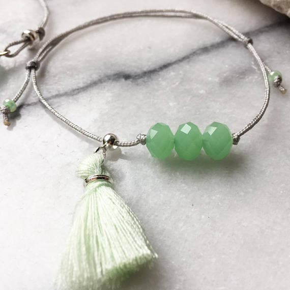 CRYSTAL BEADS bracelet gray nylon thread modern hand jewelry Anemon Atelier green tassel bracelet sliding knot delicate bracelet for her 1.8 x 5 mm Code- WAR6888