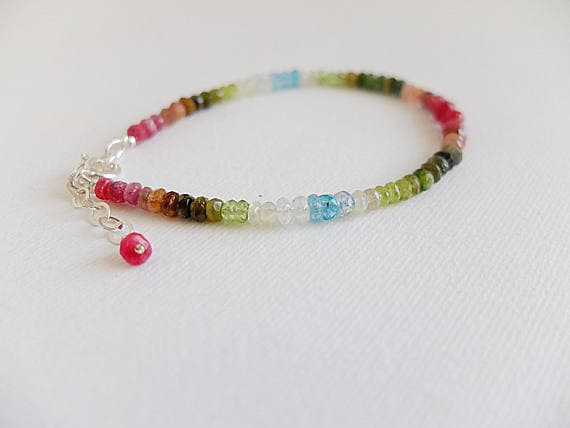AAA++ Rare Quality Multigem dainty bracelet Ombre Rainbow Gemstone Bracelet Multi-Gemstone Aquamarine,Peridot,watermelon Tourmaline raspberry red Agate Silver Plated3/4 mm Code- TJH101