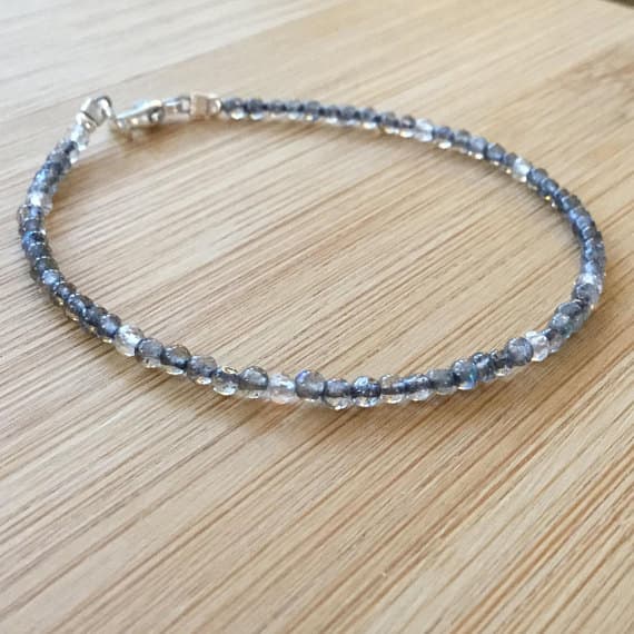 925 sterling Silver Bridesmaid Jewelry 2-2.5mm stacking Gray White Topaz and Fire Labradorite Bracelet Round, Faceted 7" for mens, womens.