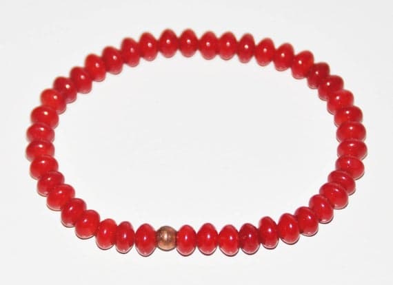 Rose Gold Unique Wedding Gift 4mm Red Coral Stretchable Bracelet Rondelle, Smooth 18cm for mens, womens, gf, bf and adults.