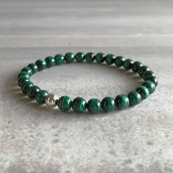 925 sterling silver Positive Energy 6mm Green Genuine Malachite Stretchable Bracelet Round, Smooth 18cm for mens, womens, gf, bf and adults.
