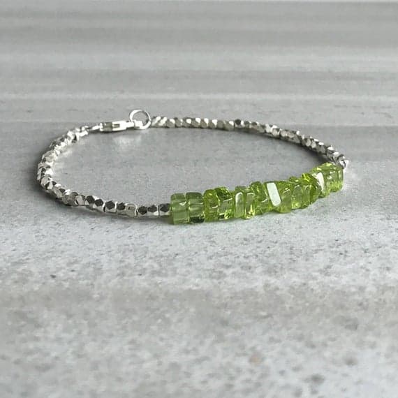 925 sterling silver Artisan Loose 5mm Green Peridot stacking Bracelet Square, Smooth 18cm for mens, womens, gf, bf and adults.