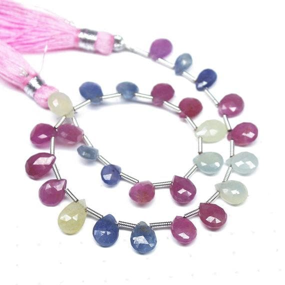 1 strand multi sapphire pear drop faceted 8'' long strand gemstone beads, jewelry supplies for jewelry making, bulk beads, for meditation jewellery for Reiki Healing  gemstone 9mm to 6mm