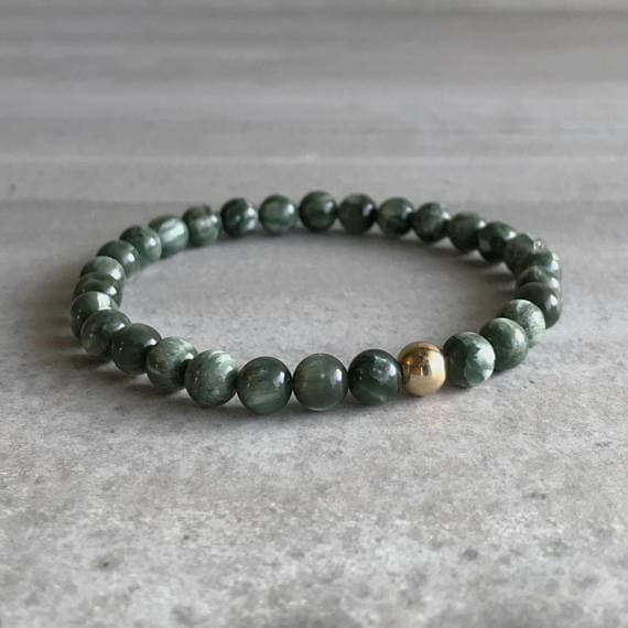 Rose Gold Anniversary Gift 6mm Gray Seraphinite Stretchable Bracelet Round, Smooth 18cm for mens, womens, gf, bf and adults.