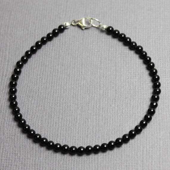 925 Steling Silver GRounding 3 mm Stracking black Black Onyx Bracelet Round, Smooth 7" for mens, womens, GF, BF, Adults.