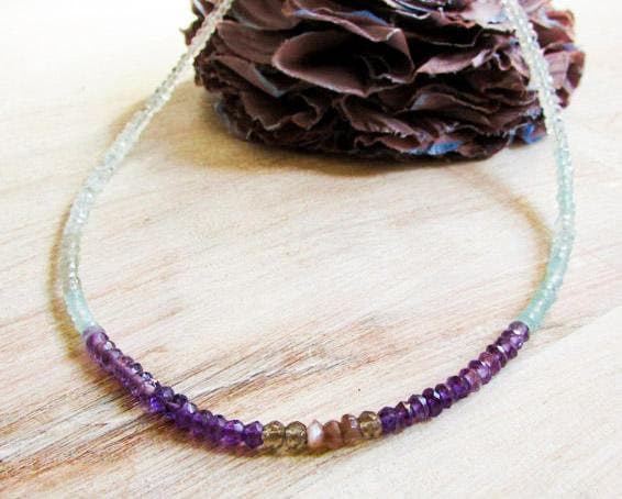 Multicolor Ombre necklace, Shaded gemstone necklace, Purple blue necklace, Multicolor beaded, Amethyst Aquamarine Moonstone, Bohemian 3 and 4 mm Code- WAR6769