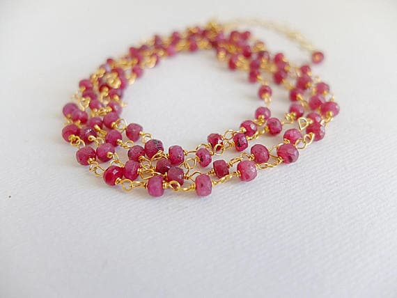 AAA++ Rare Quality Luxury, ruby handwrapped,rosary style long necklace,handwrapped with Gold  filled wire, Ruby rondelles layering long necklace 3- 4 mm Code- TJH154