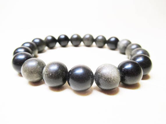 Super sale 10mm Stretchable black Gold  Obsidian Bracelet Round, Smooth 7.5" for mens, womens, GF, BF, Adults.