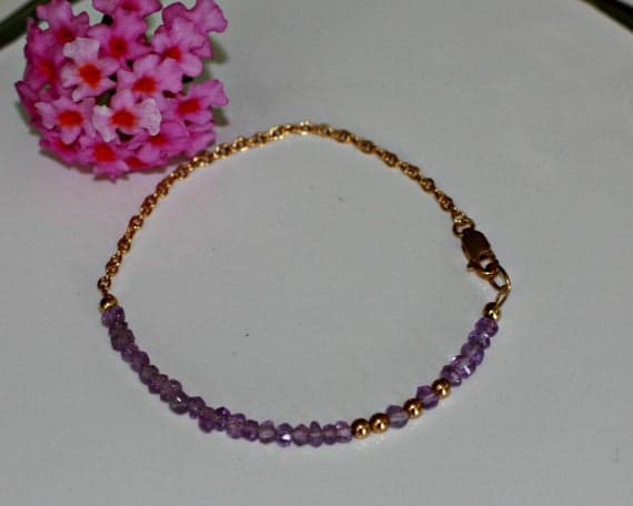 24k gold Plated Rock Gift Gold Helling 3-4mm stacking Purple Raw Amethyst  Bracelet Rondelle, Faceted 7" for mens, womens, gf, bf & Adult.