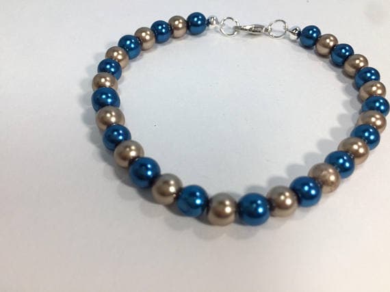 925 sterling Silver Anxiety Relief Calming 4-5mm stacking Blue & Gold Blue and Gold Pearl  Bracelet Round, Smooth 7" for mens, womens, gf, bf & Adult.