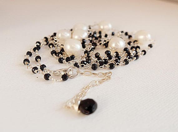 AAA++ Rare Quality Black Spinel rondelles freshwater white pearls,long necklace.Wire wrapped gemstone jewles,Rosary style long necklace black spinel pearl 3/4mm Code- TJH189