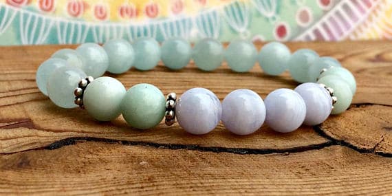 Anxiety Gemstone 8mm Stretchable Multi Aquamarine, Amazonite & Blue Lace Agate Bracelet Round, Smooth 7" for mens, womens, gf, bf & Adult.