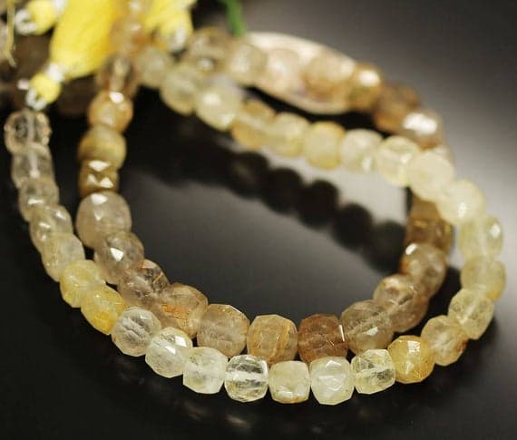 1 strand rutile quartz square box faceted 8'' long strand gemstone beads, jewelry supplies for jewelry making, bulk beads, for meditation jewellery for Reiki Healing  gemstone size 7mm to 8mm
