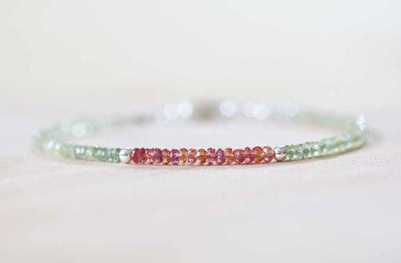 925 sterling silver Wholesale 3mm Multi Colour Green Sapphire & Padparadscha stacking Bracelet Rondelle, Faceted 18cm for mens, womens, gf, bf and adults.
