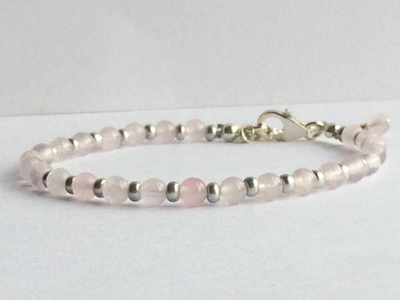 925 sterling Silver Dainty Slave Loose Silver Helling 3-4mm stacking Pink Rose quartz Bracelet Round, Smooth 7" for mens, womens, gf, bf & Adult.