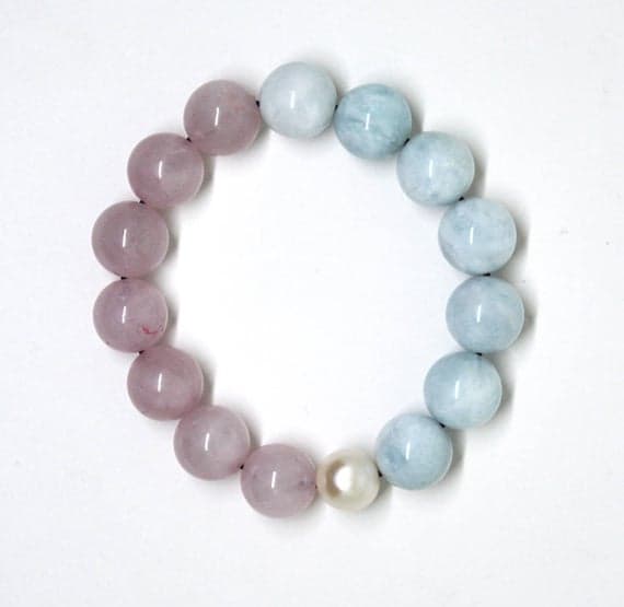 Anxiety Relief Calming 12mm Stretchable Multi Milky Aquamarine, Rose Quartz, Pearl Bracelet Round, Smooth 7.5" for mens, womens, GF, BF, Adults.