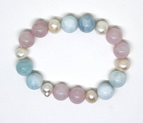 Natural 12mm Stretchable Multi Milky Aquamarine & Rose Quartz & Pearl Bracelet Round, Smooth 7.5" for mens, womens, GF, BF, Adults.