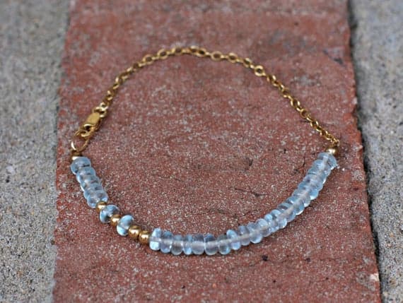 24k gold Plated Artisan Loose Gold Helling 3-4mm stacking Blue Blue Topaz Bracelet Rondelle, Smooth 7" for mens, womens, gf, bf & Adult.
