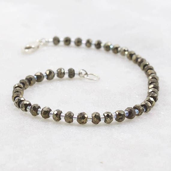 Pyrite Bracelet Sterling Silver Gemstone Bead Jewelry Stacking Layering Delicate Beaded Gift for Her Gift for Women Girlfriend Gift 3mm  Code- WAR6515