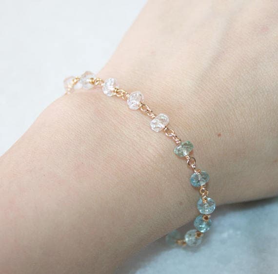 24k gold Plated memorial gift 4.5-5mm stacking Blue Aquamarine Bracelet Rondelle, Faceted 7" for mens, womens.